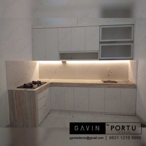 jual kitchen set minimalis bentuk L warna putih Gavin by Portu id3253